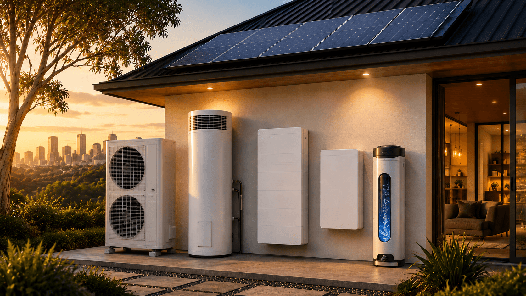 The full AEM Energy product range, solar, battery, heat pump, air conditioning and water filtration